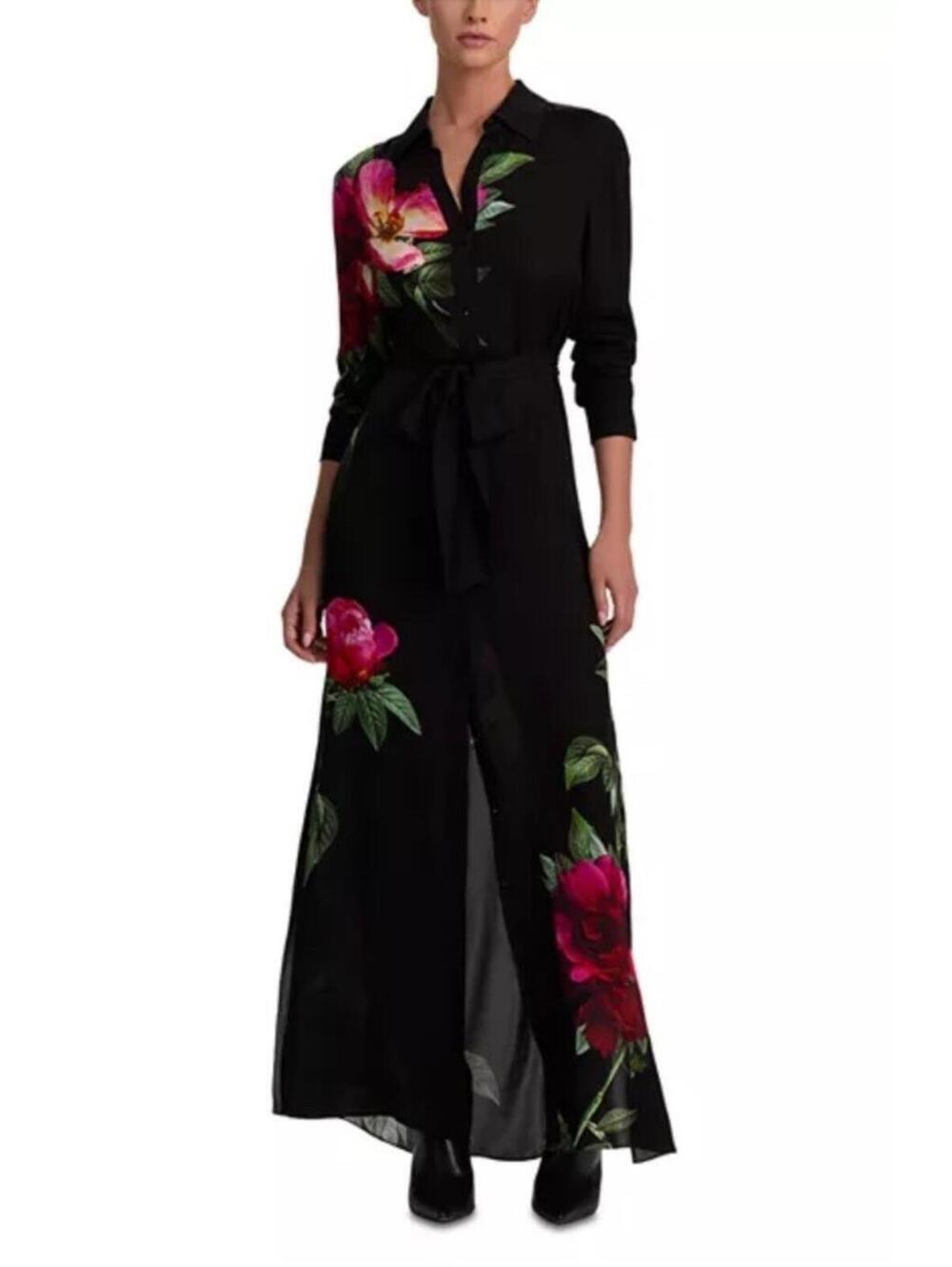 New Alice and Olivia Chassidy Maxi Shirt Dress In Empress Bloom Black Sz L $595
